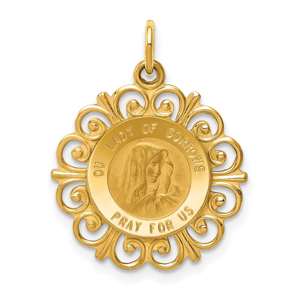 14k Polished and Satin Solid Our Lady of Sorrows Medal Scalloped Edge Round Pendant, 23 x 19 mm