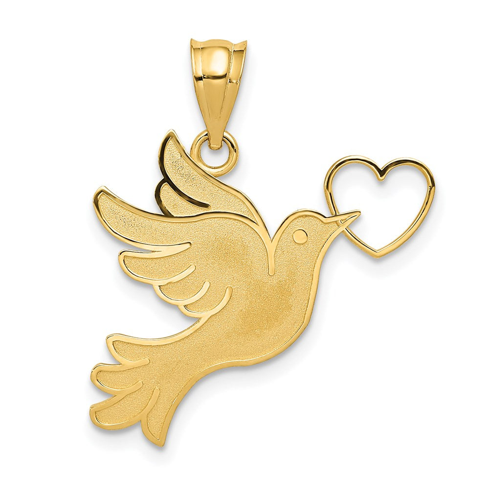 14K Dove with Heart Pendant, 26 x 23 mm