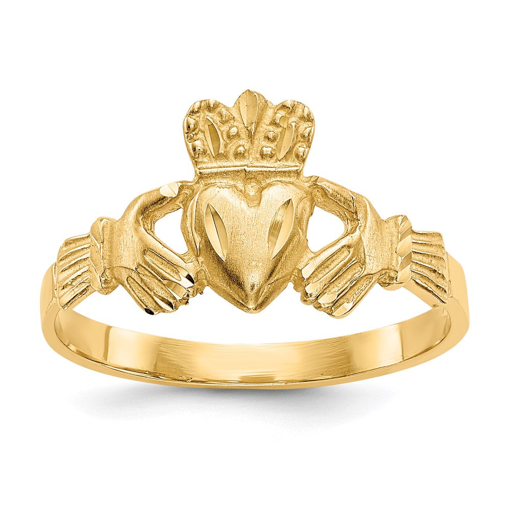 14K Satin and Diamond-cut Claddagh Ring, Size 6