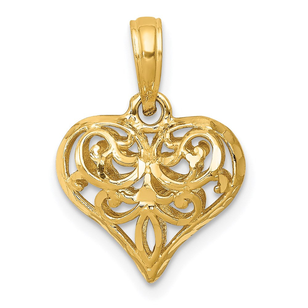 14K Polished 3-D Filigree Puffed Heart Pendant, 20 x 13 mm
