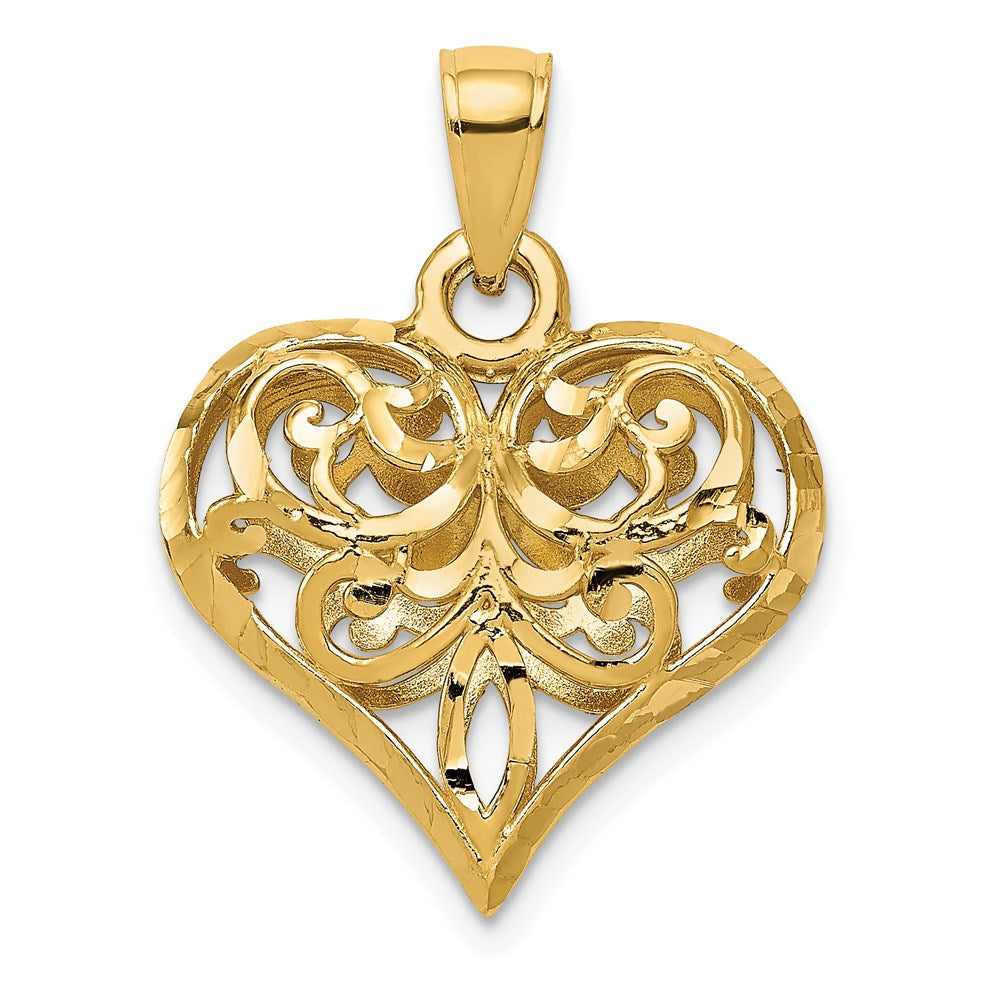 14K Polished 3-D Filigree Puffed Heart Pendant, 25 x 20 mm