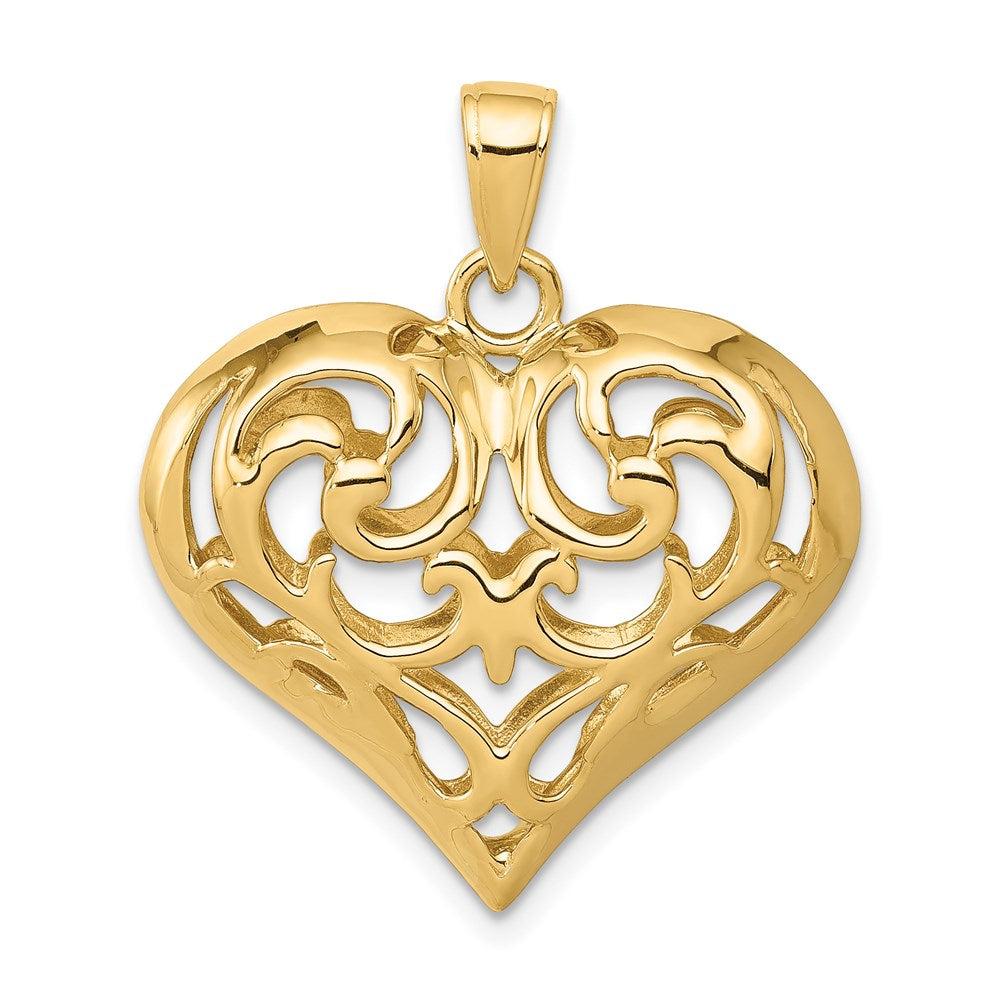 14K Polished 3-D Filigree Puffed Heart Pendant, 29 x 24 mm
