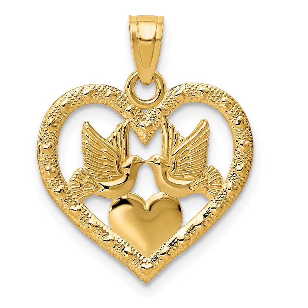 14K Polished Doves in Heart Pendant, 21 x 17 mm