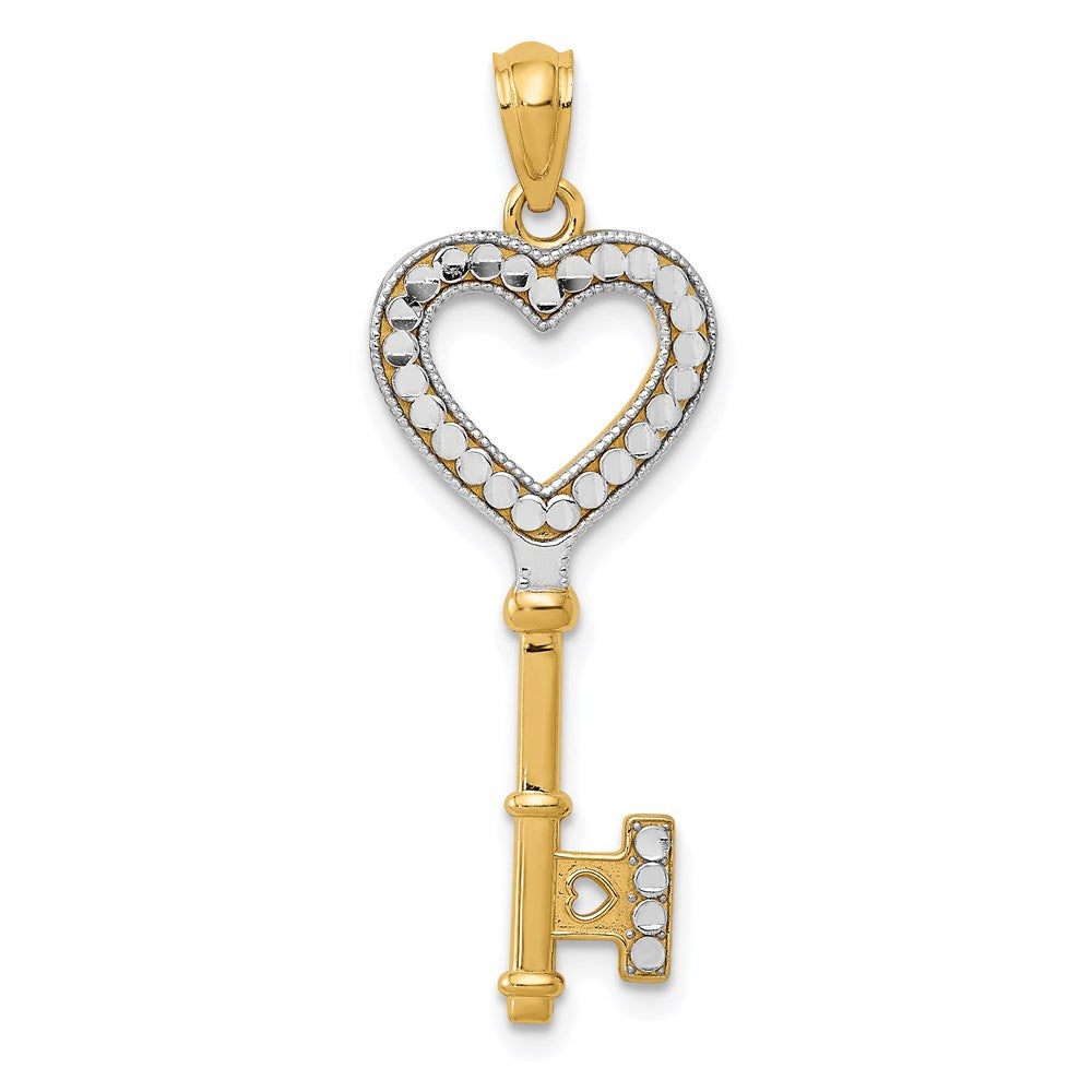 14K and White Rhodium Polished Heart Key Charm, 32 x 12 mm
