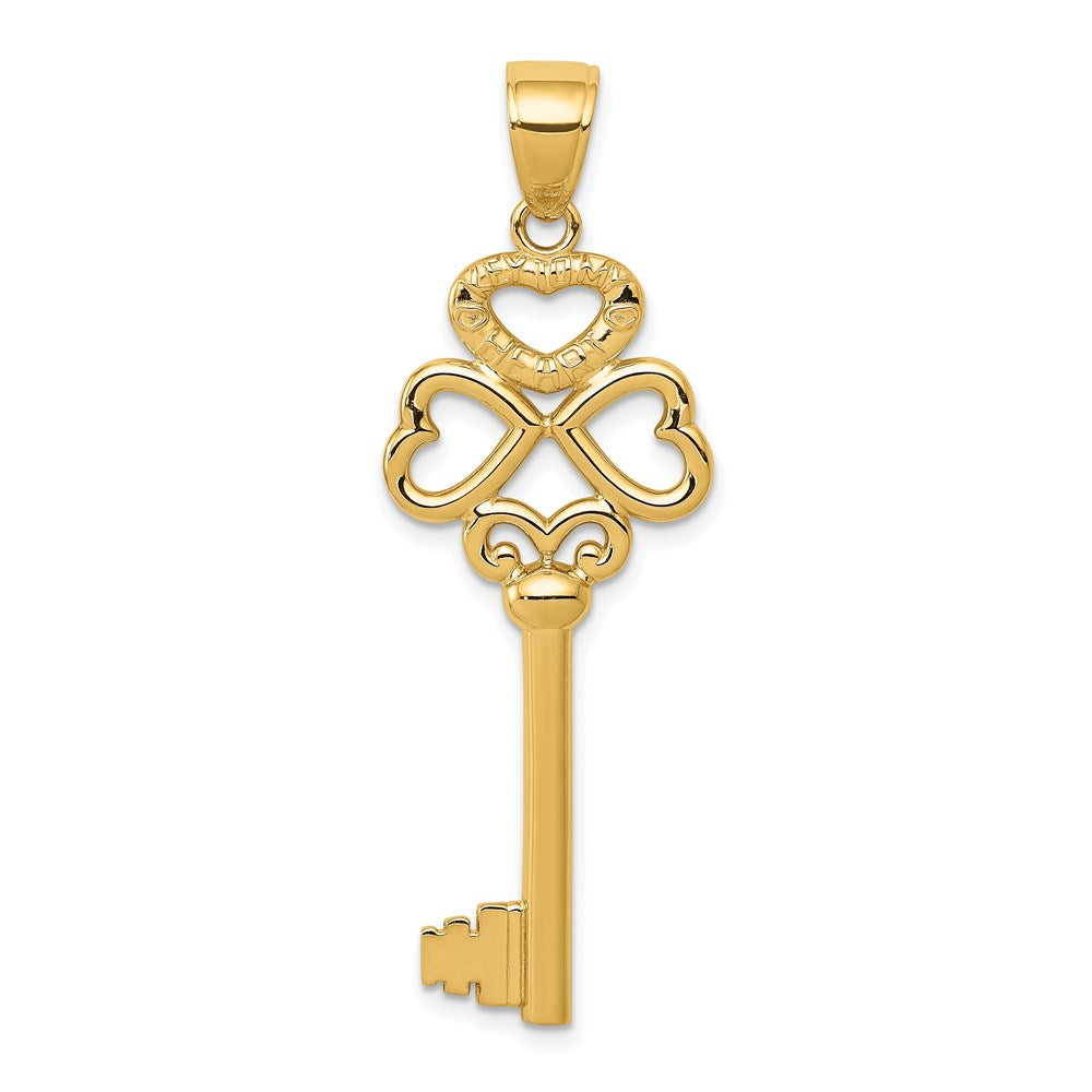 14K Polished 3D Hearts KEY TO MY HEART Key Charm, 47 x 15 mm