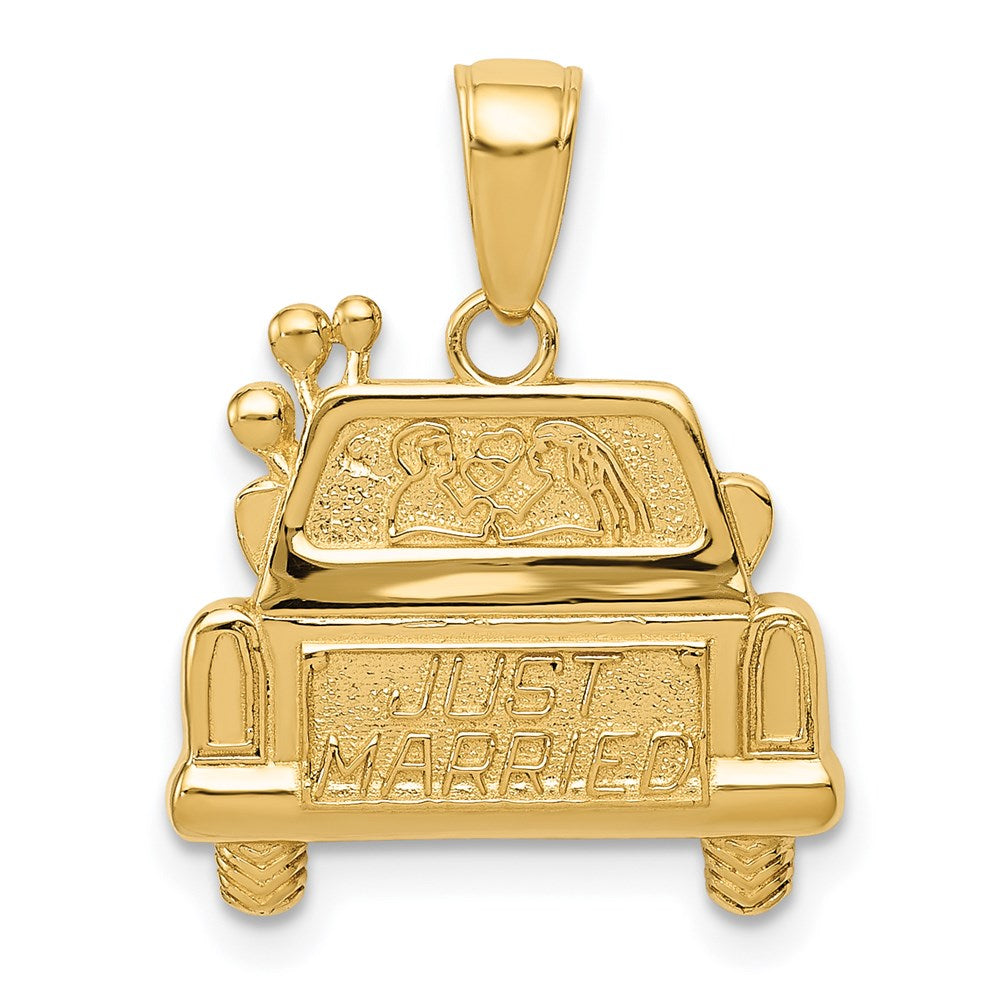 14K Polished and Textured JUST MARRIED Car Pendant, 19 x 17 mm