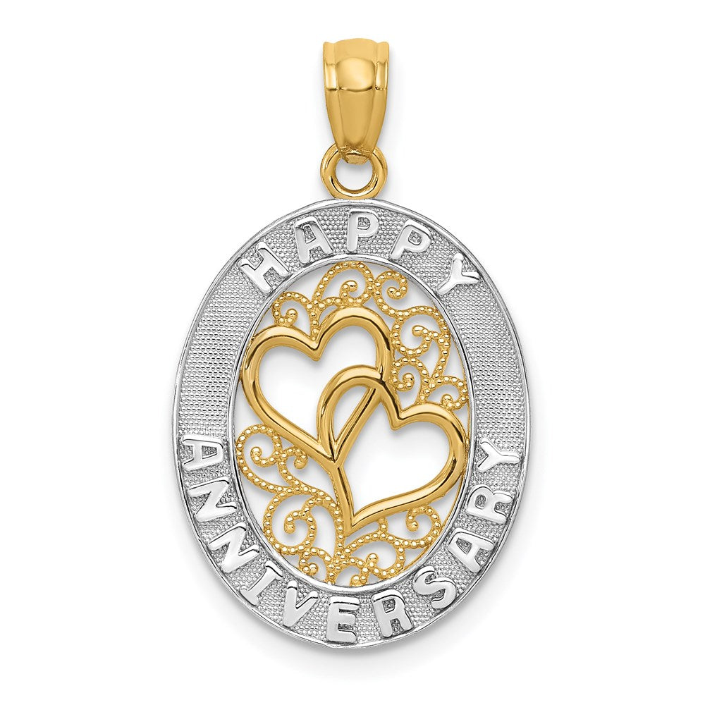 14k and White Rhodium HAPPY ANNIVERSARY Hearts Pendant, 26 x 15 mm