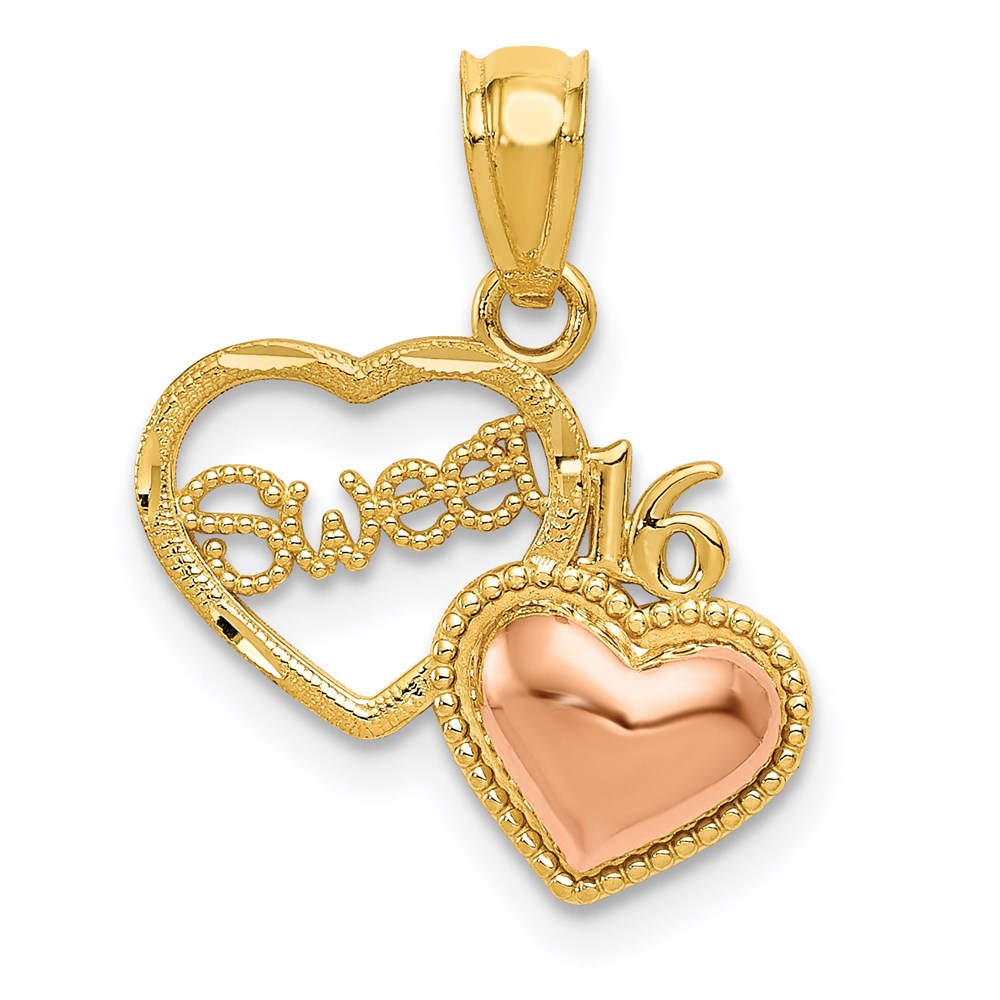 14k Two-tone SWEET 16 Heart Pendant, 17 x 15 mm