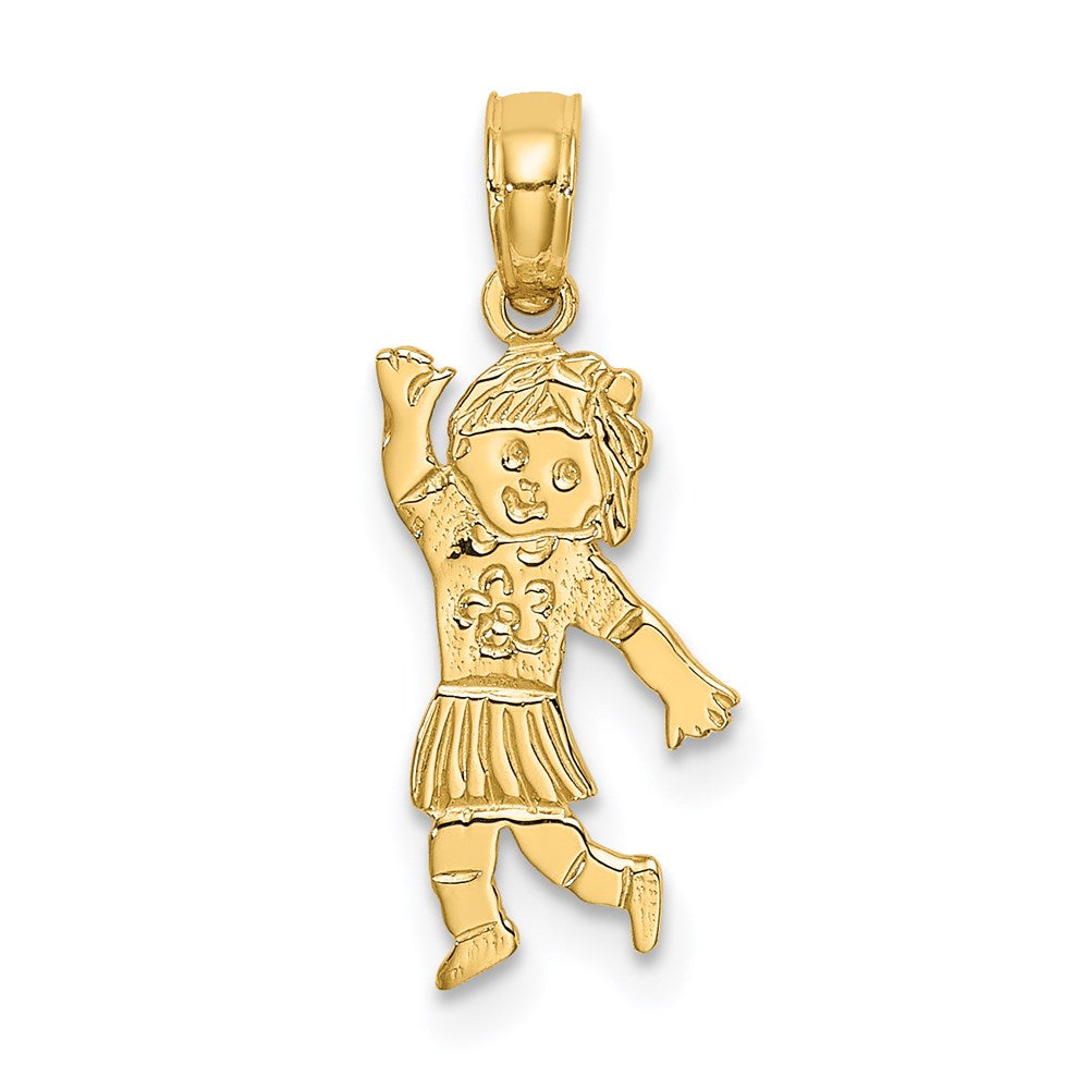 14K Girl Waving with Flower on Blouse Charm, 18.84 x 7.54 mm