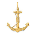 14K Large 3-D Solid Anchor with Wrapped Rope with Shackle Bail Pendant, 51 x 37 mm