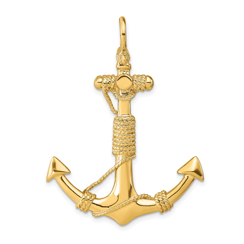 14K Large 3-D Solid Anchor with Wrapped Rope with Shackle Bail Pendant, 51 x 37 mm