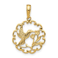 14K Hummingbird with Flower Round Scalloped Frame Pendant, 23 x 16 mm