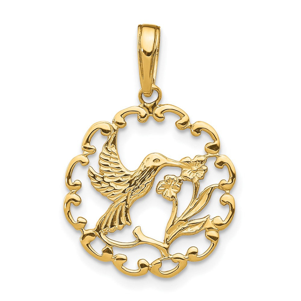 14K Hummingbird with Flower Round Scalloped Frame Pendant, 23 x 16 mm