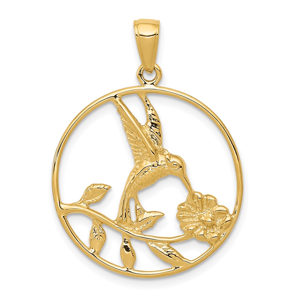 14K Hummingbird in Round Frame Pendant, 31 x 23 mm