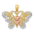 14k Two-tone with White Rhodium Butterfly with Hearts Pendant, 20 x 24 mm