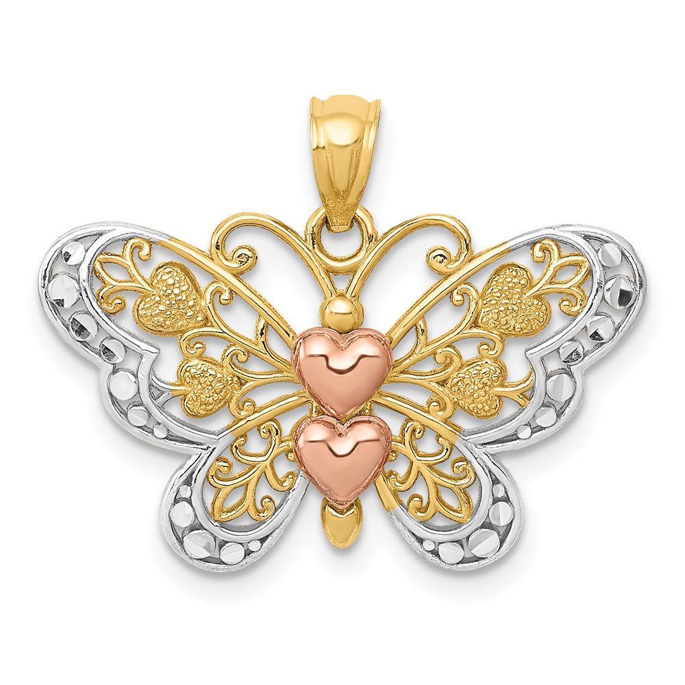 14k Two-tone with White Rhodium Butterfly with Hearts Pendant, 20 x 24 mm