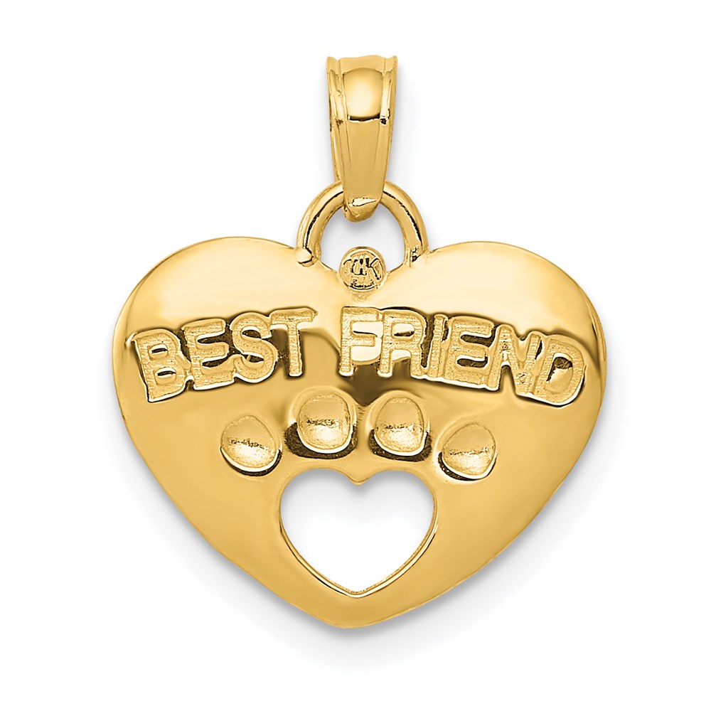 14K BEST FRIEND on Heart with Cut-Out Paw Print Pendant, 18 x 15 mm