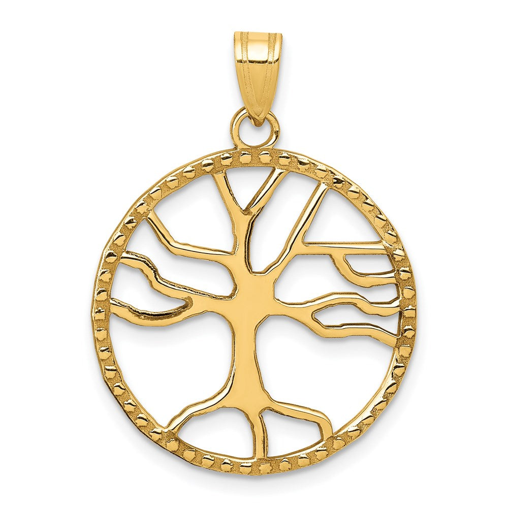 14K Tree of Life in Round Frame Pendant, 30.5 x 22 mm
