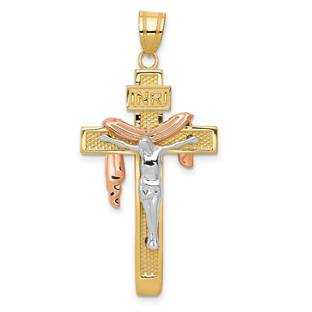 14K Tri-color Large Draped INRI Crucifix Pendant, 32 x 15 mm