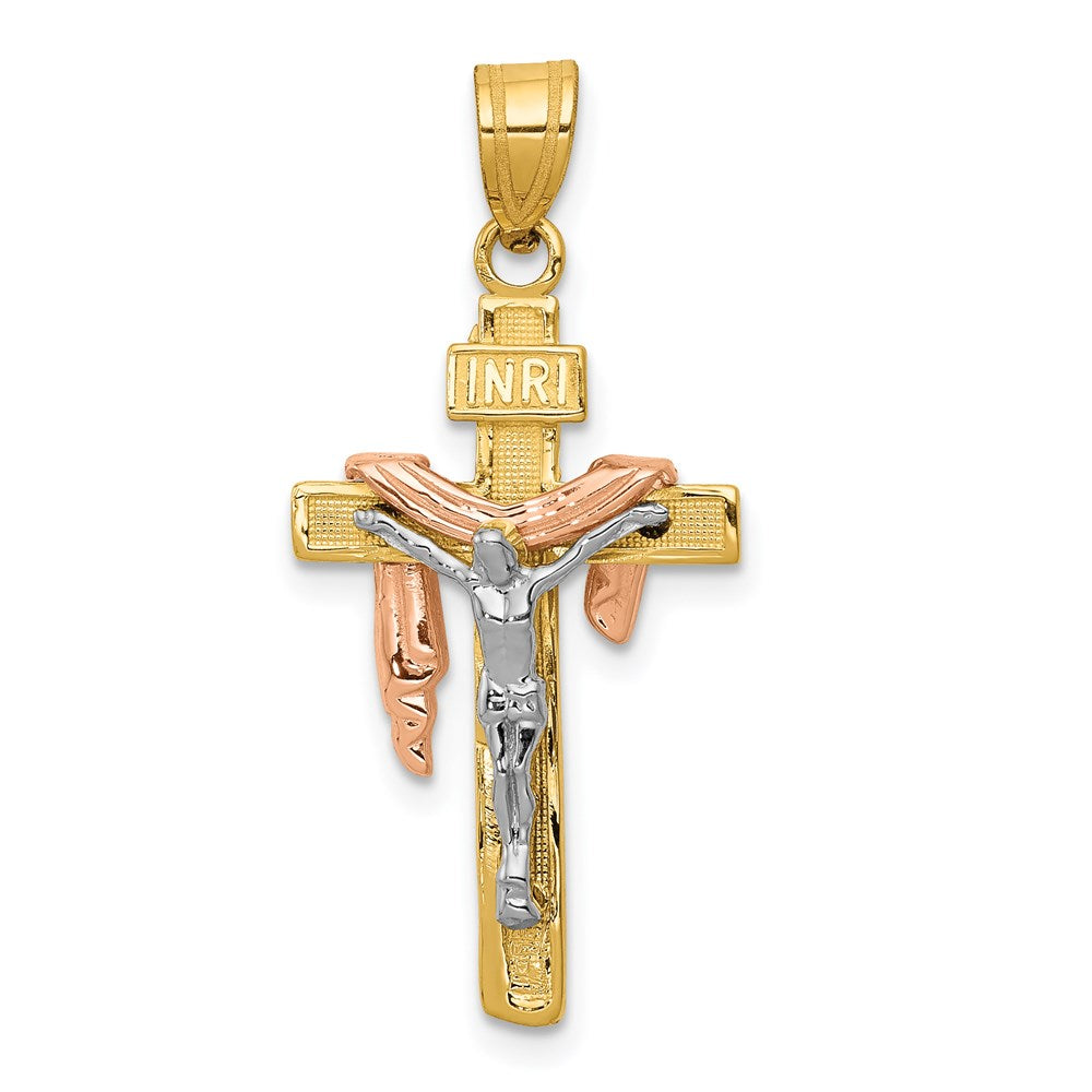 14K Tri-color Diamond-cut Small Draped INRI Crucifix Pendant, 39 x 18 mm