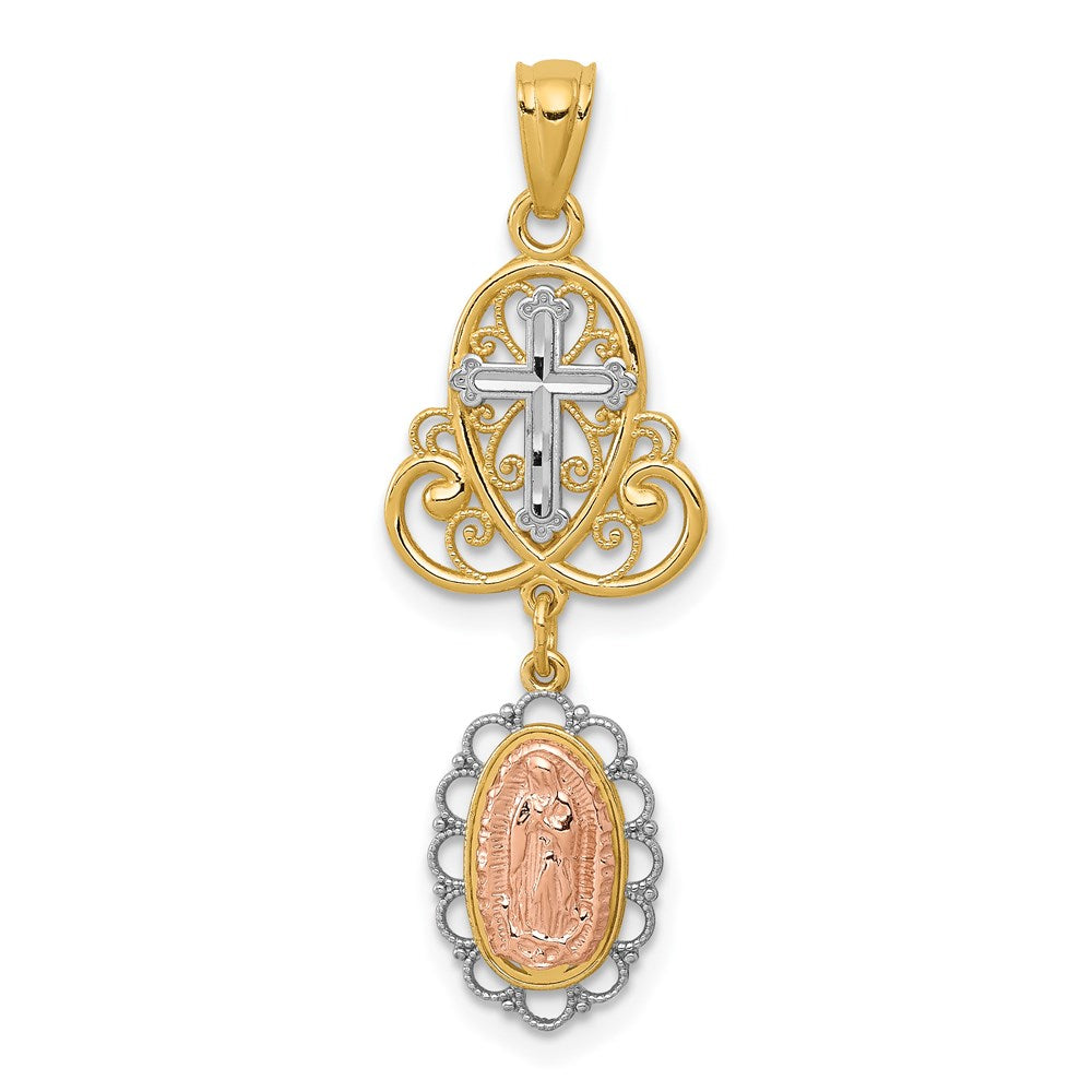14K Two-Tone with White Rhodium Our Lady of Guadalupe and Cross Pendant, 34.5 x 11.75 mm