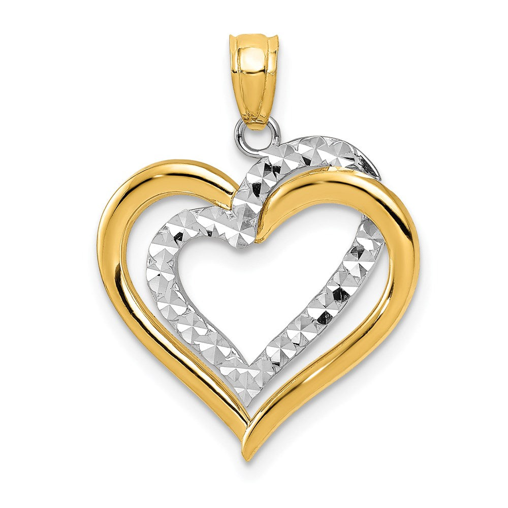 14K Two-tone Polished Diamond-cut Intertwined Hearts Pendant, 24 x 19 mm, 1.23 g