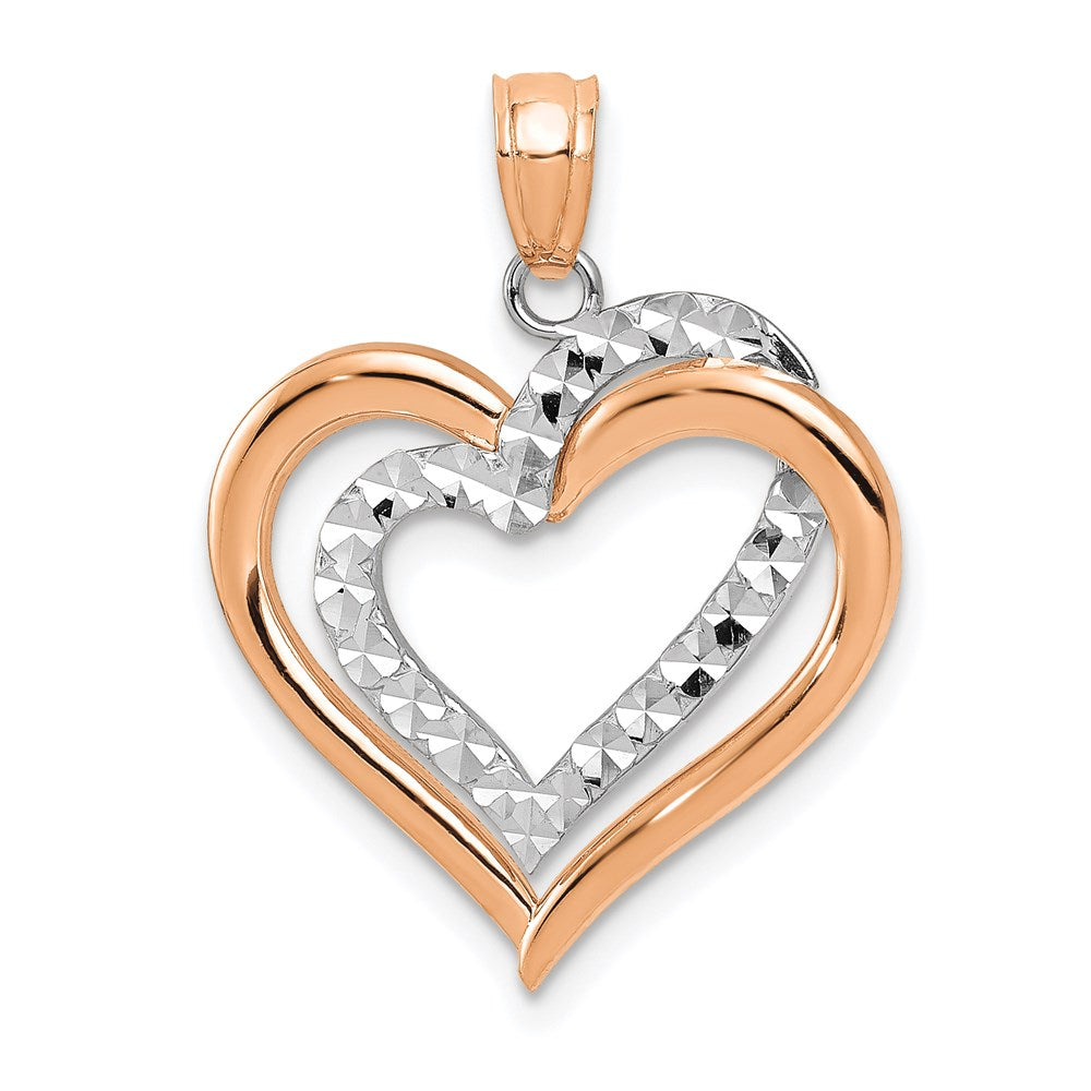 14K Two-tone Polished Diamond-cut Intertwined Hearts Pendant, 24 x 19 mm, 1.15 g