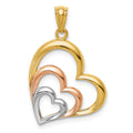 14K Two-tone and White Rhodium Polished 3 Hearts Pendant, 21 x 17 mm