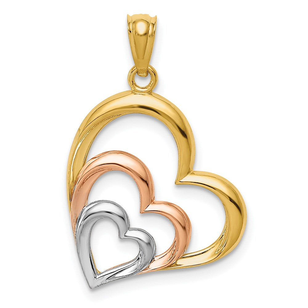 14K Two-tone and White Rhodium Polished 3 Hearts Pendant, 21 x 17 mm
