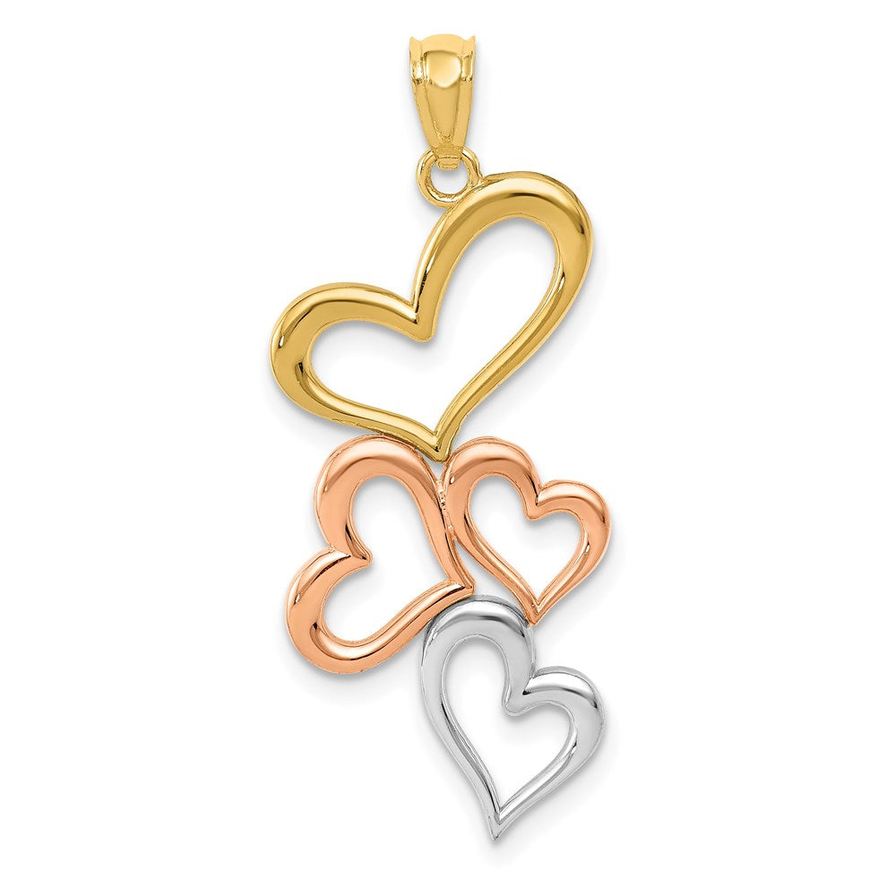 14K with Rose and White Rhodium Tumbling Hearts Pendant, 34 x 16 mm