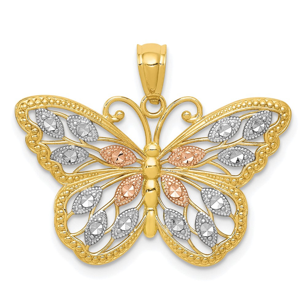 14k with White and Rose Rhodium Diamond-cut Butterfly Pendant, 16 x 26 mm