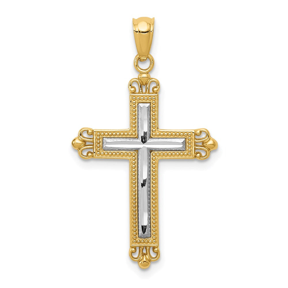 14K with White Rhodium Diamond Cut Cross Pendant, 27 x 18 mm