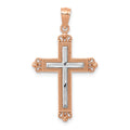 14K Rose Gold and White Rhodium Diamond-Cut Fleur de Lis Cross Pendant, 27 x 18 mm