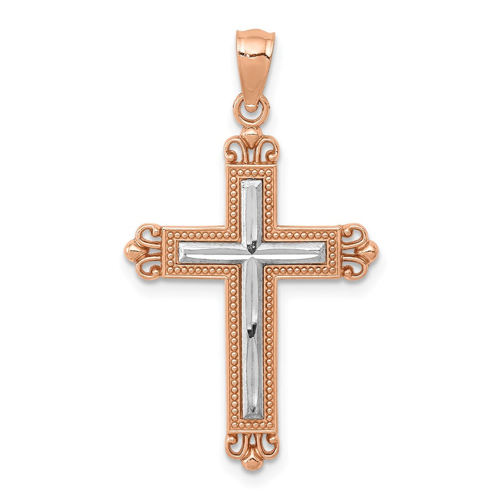 14K Rose Gold and White Rhodium Diamond-Cut Fleur de Lis Cross Pendant, 27 x 18 mm