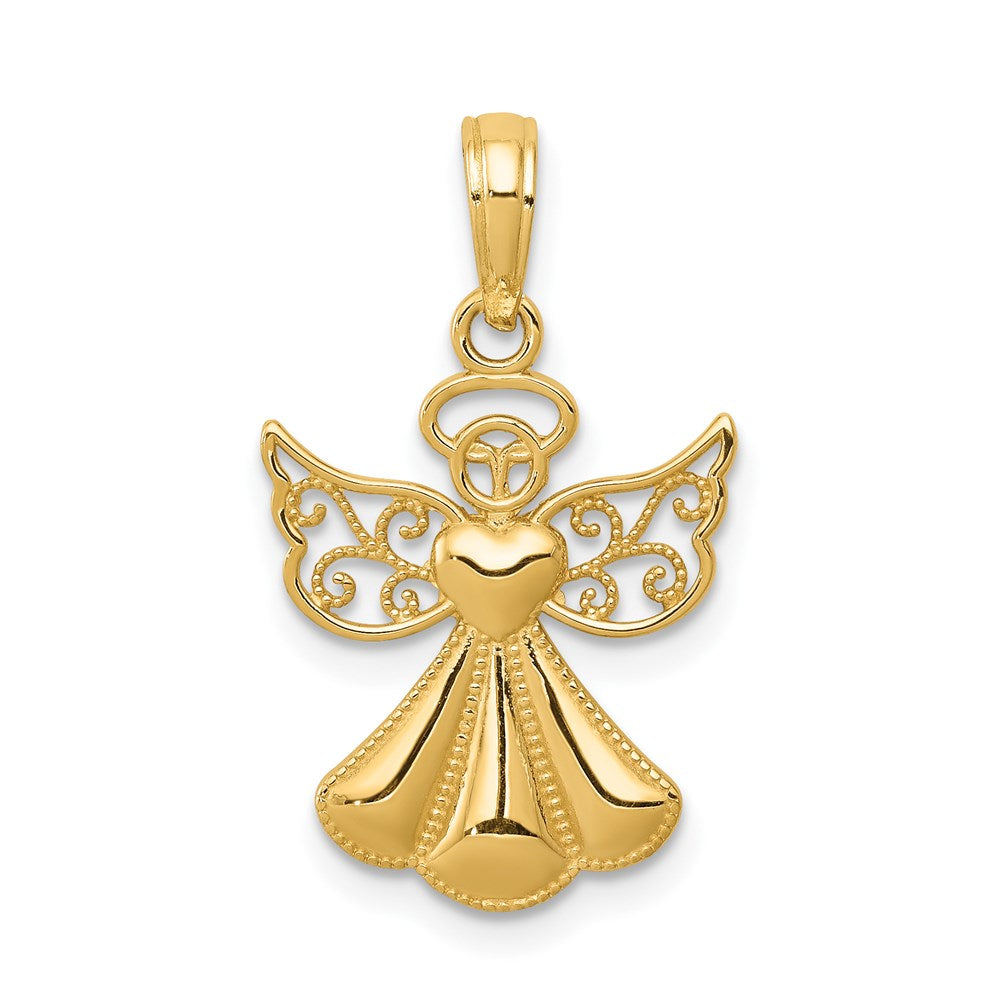 14K Polished and Textured Guardian Angel with Heart Pendant, 20 x 15 mm
