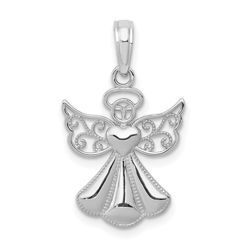 14K White Gold Polished and Textured Guardian Angel with Heart Pendant, 20 mm