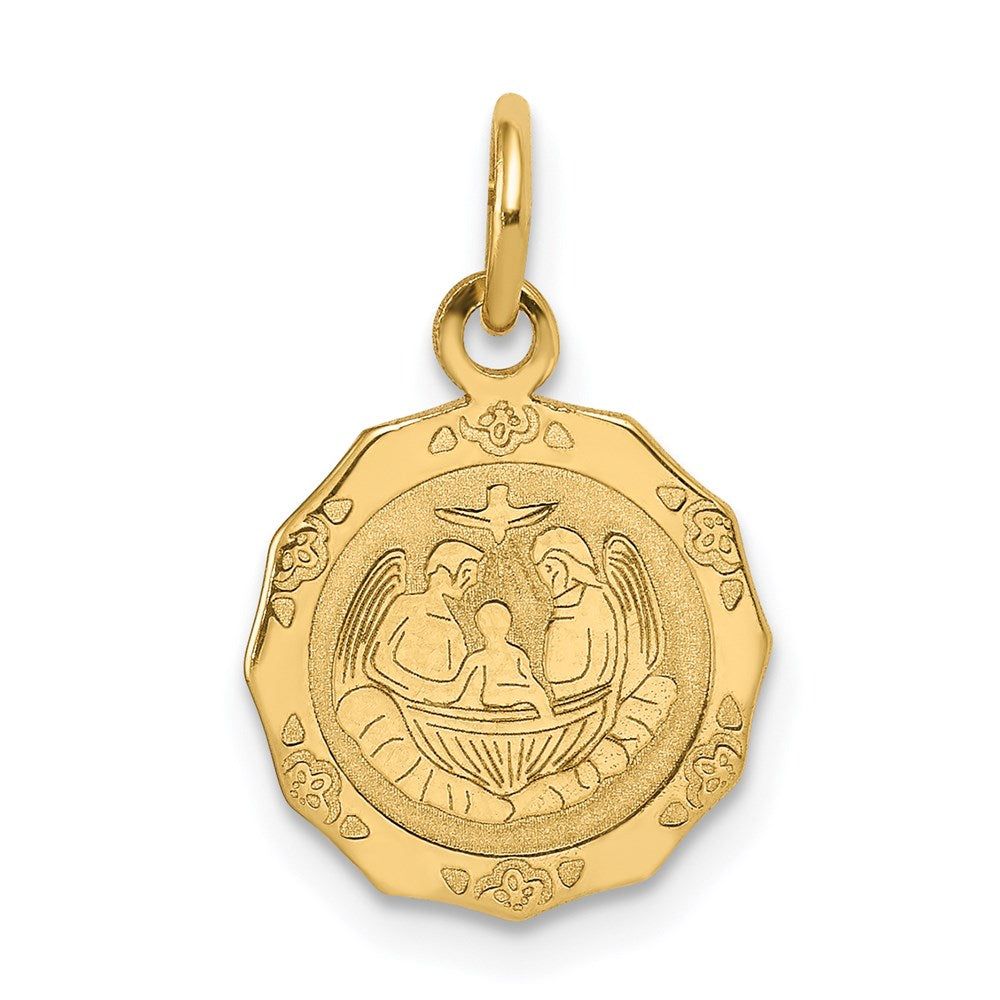 14k Polished and Satin Baptism Spanish Recuerdo Del Bautismo on Back Round Charm, 21 x 12 mm