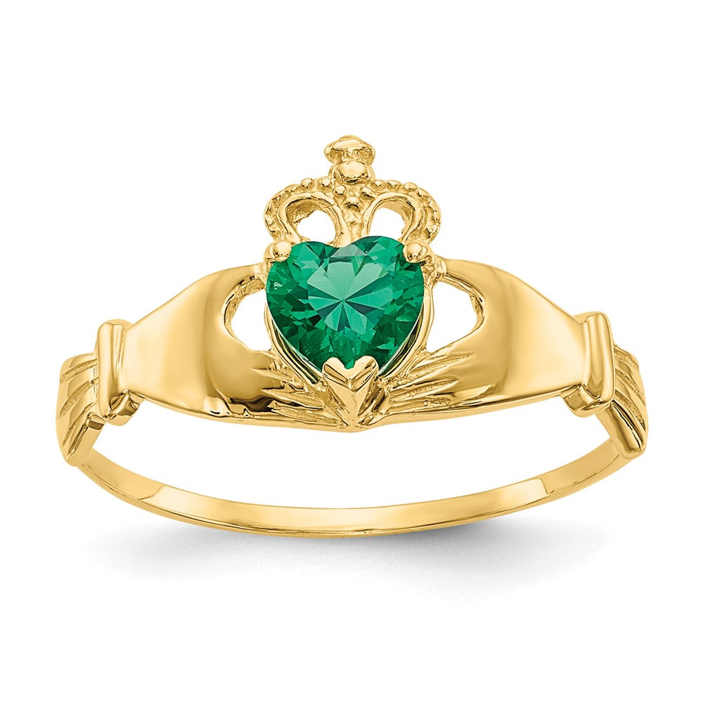 14k Green CZ Polished Claddagh Ring, Size 7