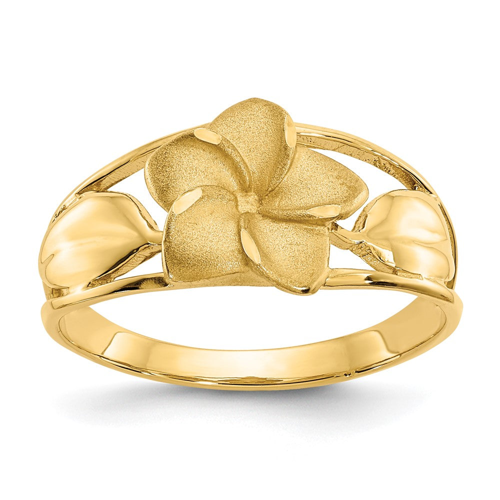 14k Satin and Diamond-Cut Plumeria Ring, Size 7, 2.4 g