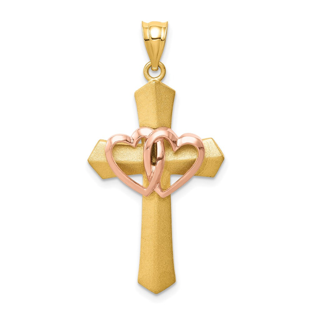 14k Two-tone Double Heart Cross Charm, 38 x 19 mm