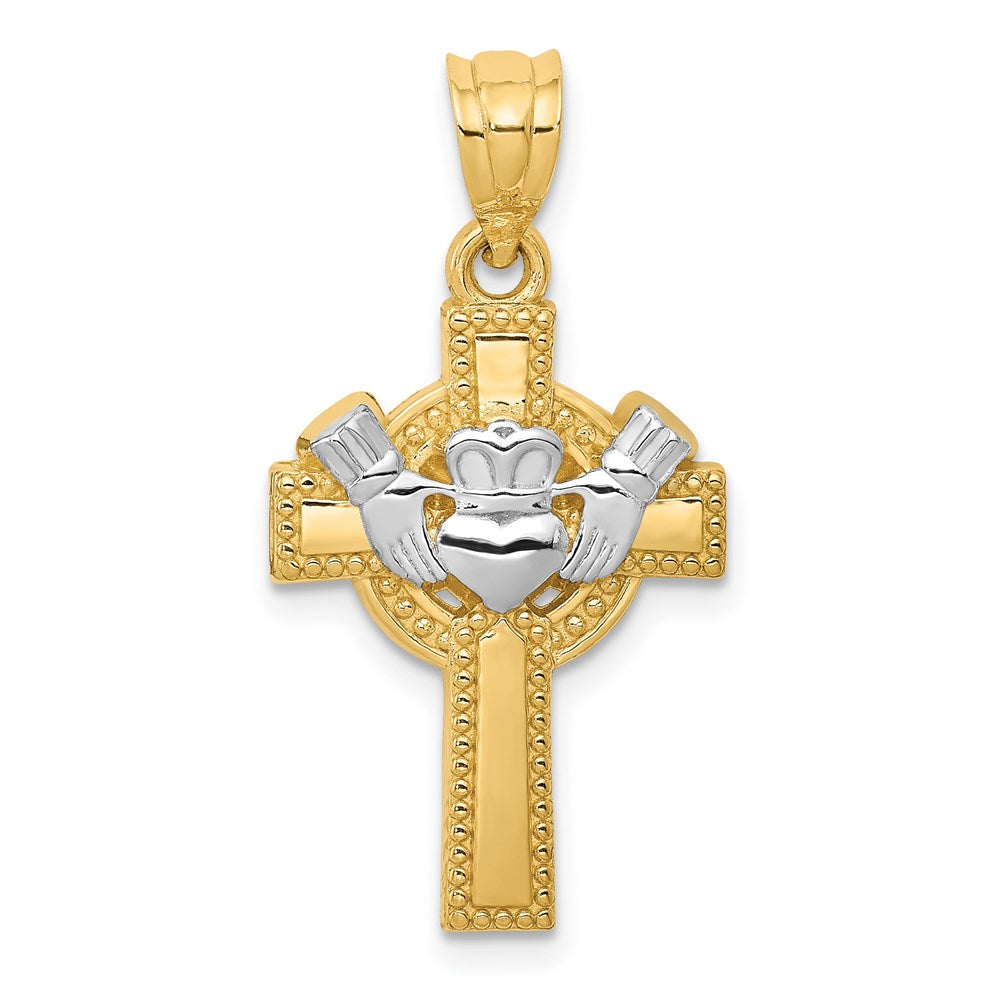 14k and White Rhodium Claddagh Cross Pendant, 27 x 15 mm