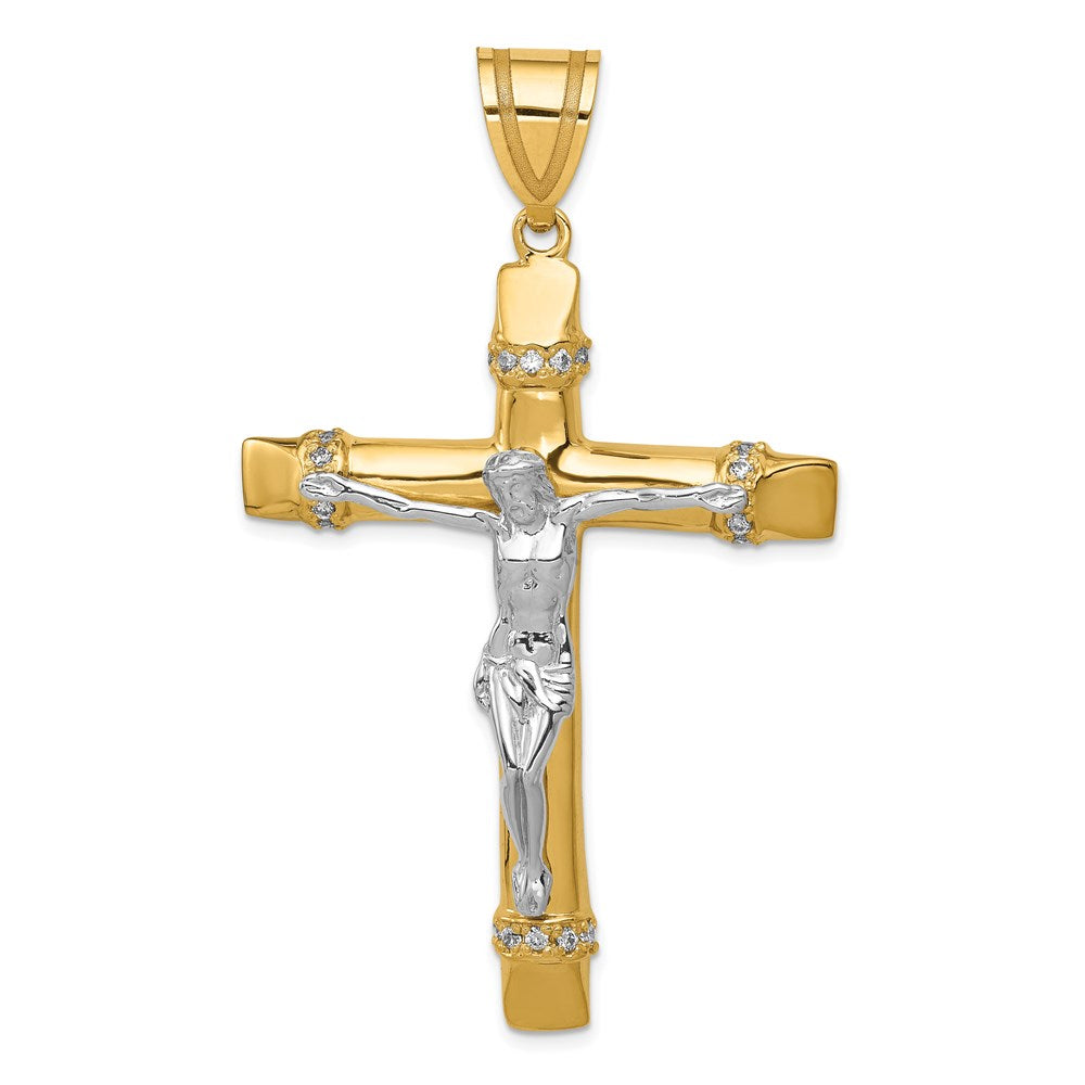 14k Two-tone CZ Crucifix Pendant, 69 x 41 mm