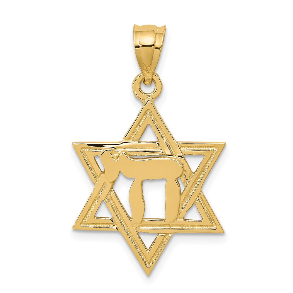 14k Solid Polished Chai in Star of David Charm, 30 x 18 mm