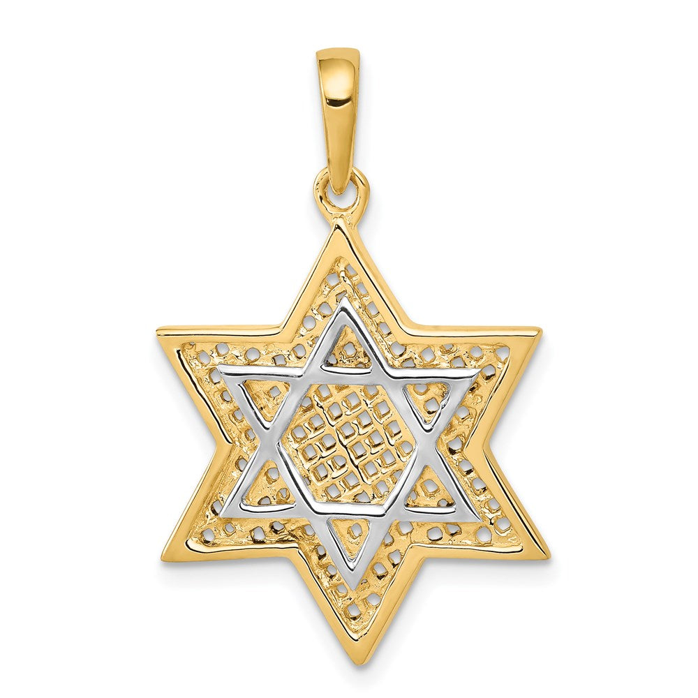 14K and White Rhodium Solid Mesh Star Of David Charm, 32 x 21 mm