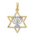 14K and White Rhodium Solid Menorah In Star Of David Charm, 31 x 20 mm