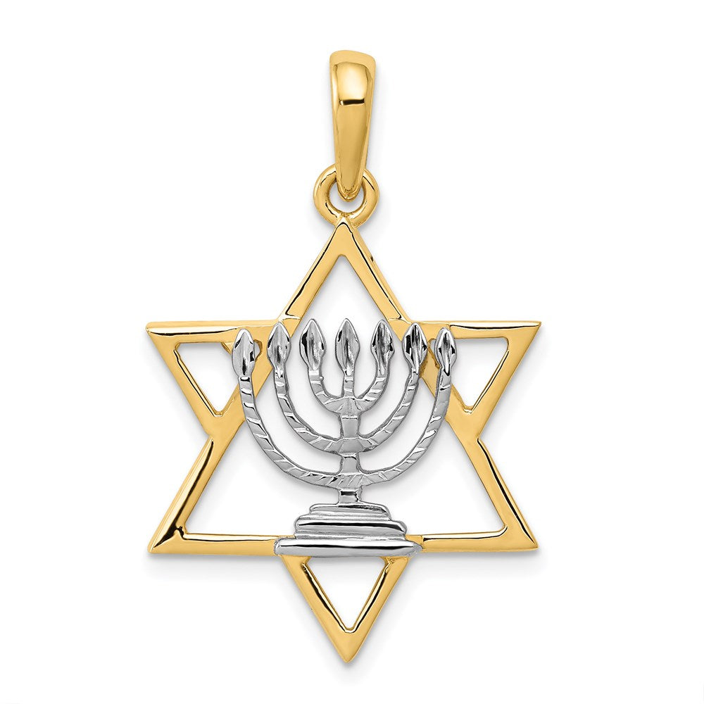 14K and White Rhodium Solid Menorah In Star Of David Charm, 31 x 20 mm