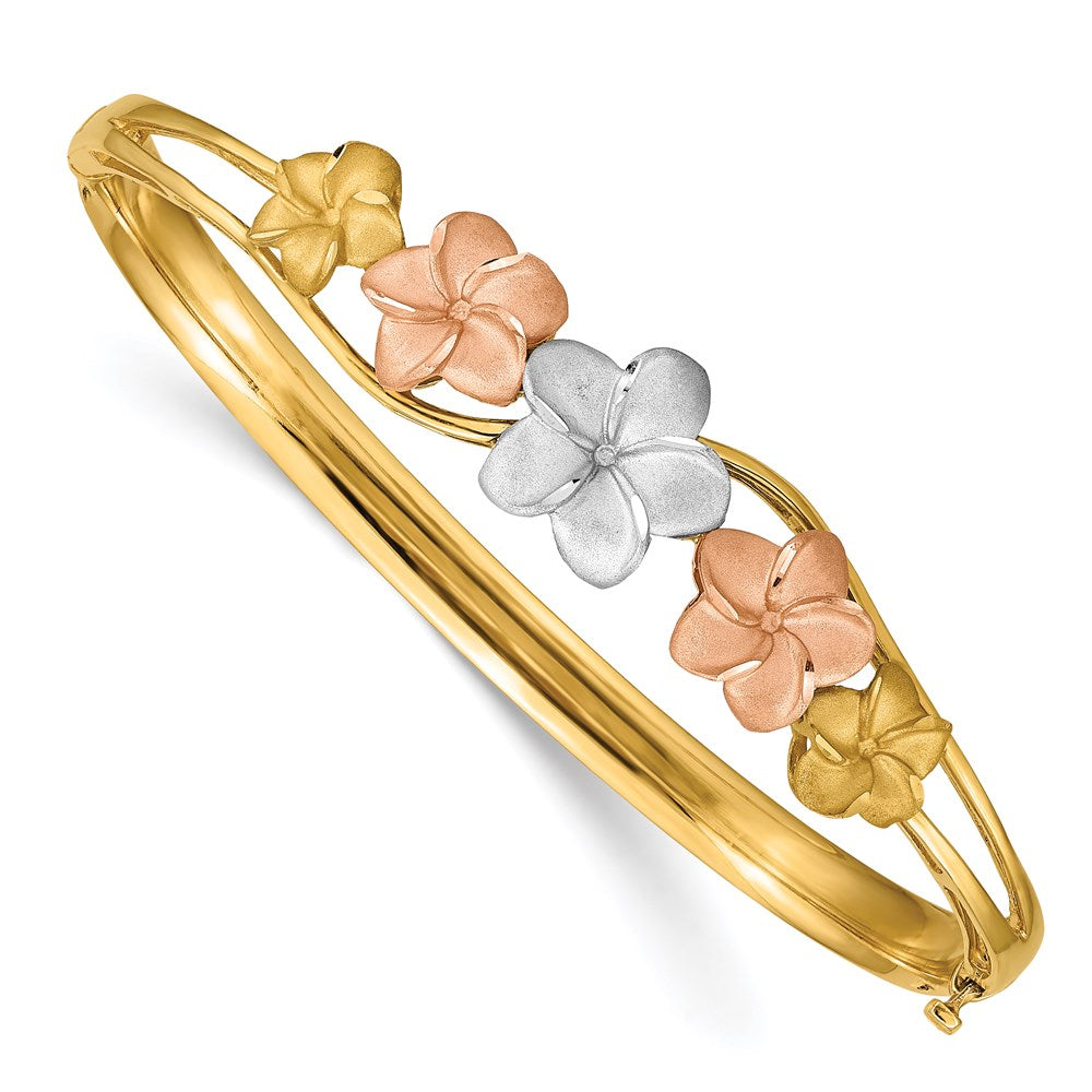 14k Tri-color Polished and Satin Diamond-cut Plumeria Hinged Oval Bangle Bracelet, 6.75 mm