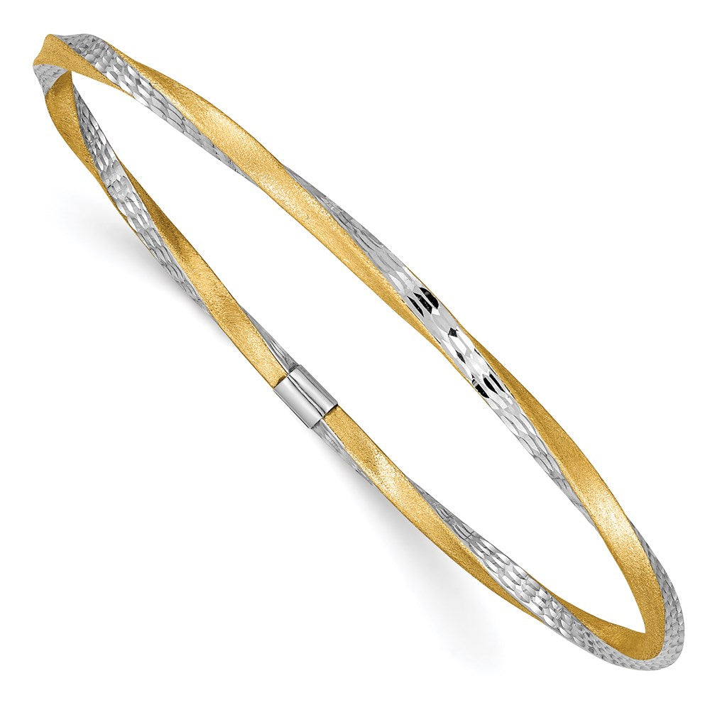14k and White Rhodium Satin Finish Diamond-cut Twist 3.00mm Slip-on Round Bangle Bracelet, 3 mm
