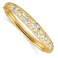 14K with White Rhodium Diamond-cut Filigree Graduated 9.00mm Hinged Oval Bangle Bracelet, 7 x 9 mm