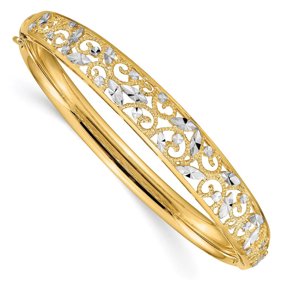 14K with White Rhodium Diamond-cut Filigree Graduated 9.00mm Hinged Oval Bangle Bracelet, 7 x 9 mm